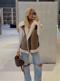 Kukombo Suede Leather Thick Fleece Jacket Autumn Winter Women Splice Sleeveless Faux Shearling Jackets Vest Y2K Cardigans Coats