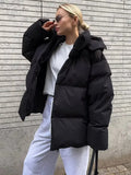 Kukombo Female Cotton Jacket Solid Hooded Zipper Cotton Jacket 2024 Autumn Winter New Lady Loose Long Sleeve High Street Outwear