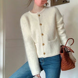 Kukombo Elegant Knitted White Jacket Women Round Neck Autumn Winter Fuzzy Cardigan Woman 2025 New Long Sleeve Sweater Jacket