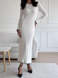 Kukombo TARXUXY Long Sleeve Knitted Dress For Women Autumn Winter Slim Sexy Striped Sweater Long Dresses Female Elegant Party Clothes