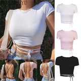 Kukombo Bandage Backless White T Shirt Crop Top Women Y2k Aesthetic Clothes Korean Fashion Kawaii Short Sleeve Tshirts Sexy Summer 2022