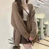 Kukombo Harajuku Loose Brown Cardigan Women Chic V Nekc Single Breasted Knitted Cardigans Woman Autum Winter Student Sweater Coat