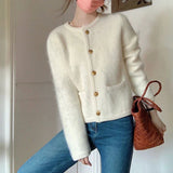 Kukombo Elegant Knitted White Jacket Women Round Neck Autumn Winter Fuzzy Cardigan Woman 2025 New Long Sleeve Sweater Jacket