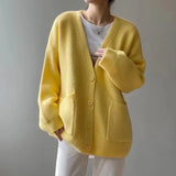 Kukombo 2025 Chic Yellow Sweater Cardigan Women Lazy Wind Single-Breasted Knitted Cardigan Women Solid V Neck Cardigans Female