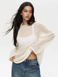 Kukombo Hollow Knitted Sweater Pullover 2024 Autumn New Women's See Through Thin Large Round Neck Bell Long Sleeve Knit T-Shirt