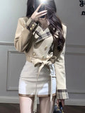 Kukombo Winter Korean Fashion 2 Piece Set Women Elegant Blazers Jackets + Mini Skirt 2000s Vintage Suits Long Sleeve Coats Y2k Outfits