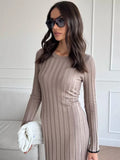 Kukombo TARXUXY Long Sleeve Knitted Dress For Women Autumn Winter Slim Sexy Striped Sweater Long Dresses Female Elegant Party Clothes