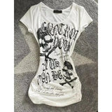 Kukombo Y2k Crop Tops Vintage Letter Print T Shirt American Retro SubCulture Punk Slim T-shirt Top Trend Women Gothic Grunge White Tees