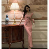 Kukombo nye outfits party outfit Sexy Sheath Square Neckline Pink Prom Dresses Slit Birthday Outfits Evening Gown SD1021