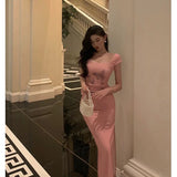 Kukombo nye outfits party outfit Sexy Sheath Square Neckline Pink Prom Dresses Slit Birthday Outfits Evening Gown SD1021