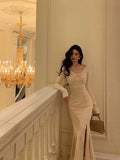 Kukombo nye outfits party outfit Classy Mermaid Long Sleeves Ivory Slit Prom Dresses Birthday Outfits Evening Gown SD1095