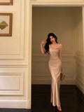 Kukombo Sexy Sheath Straps Champagne Slit Prom Dresses Long Birthday Outfits