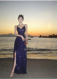 Kukombo Sexy Sheath Spaghetti Straps Blue Sequin Beach Dress Women's Vacation Dresses Prom Dress