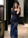 Kukombo Sexy Sheath Spaghetti Straps Navy Blue Sequin Birthday Dresses Prom Dress