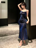 Kukombo Sexy Sheath Spaghetti Straps Navy Blue Sequin Birthday Dresses Prom Dress