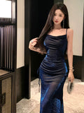 Kukombo Sexy Sheath Spaghetti Straps Navy Blue Sequin Birthday Dresses Prom Dress