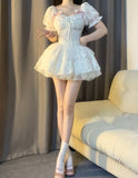 Kukombo Chic Ball Gown Short Sleeves White Lace Lolita Dresses Party Dress Birthday Outfits