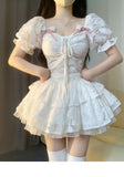 Kukombo Chic Ball Gown Short Sleeves White Lace Lolita Dresses Party Dress Birthday Outfits