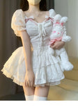 Kukombo Chic Ball Gown Short Sleeves White Lace Lolita Dresses Party Dress Birthday Outfits