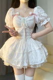 Kukombo Chic Ball Gown Short Sleeves White Lace Lolita Dresses Party Dress Birthday Outfits