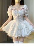 Kukombo Chic Ball Gown Short Sleeves White Lace Lolita Dresses Party Dress Birthday Outfits