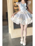 Kukombo French Ball Gown Square Neckline Short Tulle Blue Lolita Dresses Party Dress Birthday Outfits