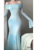 Kukombo Sexy Mermaid Off The Shoulder Light Blue Women's Beach Dress Vacation Dresses Birthday Dress