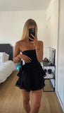 Kukombo Vintage A line Strapless Layered Ruffle Mini Dresses Black Homecoming Dress 16th Birthday Dresses