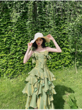 Kukombo nye outfits party outfit Pretty Irregular Ruffled Spaghetti Straps Green Prom Dresses With Detachable Rose Long Birthday Dress For Women SD236