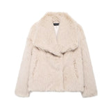 Kukombo Fashion Faux Fur Short Jacket Coat For Women Loose Lapel High Street Outwear Winter 2025 Warm Solid Female Cardigan Coat