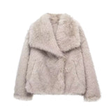 Kukombo Fashion Faux Fur Short Jacket Coat For Women Loose Lapel High Street Outwear Winter 2025 Warm Solid Female Cardigan Coat