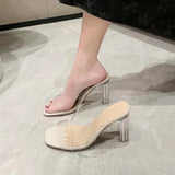 Kukombo Summer High Heels Women Shoes Fashion Transparent Heels Sexy Hollow Breathable Slippers Square Toe Female Clear Heels Slides