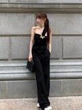 Kukombo Vintage Y2k Black Loose Blouse Women Irregular Design Bow Sleeveless Shirts Beach Sexy Y2k Crop Top Elegant Gothic Fashion 2024