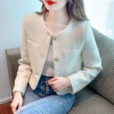 Kukombo Korean Fashion Tweed Cropped Jackets for Women 2025 Spring Round Neck Chic Coat Woman Beige Single-Breasted Jacket Female