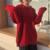 Kukombo Autumn Winter Red Sweater Women Round Neck Loose Knitted Jumpers Woman Christmas Style Long Sleeve Chic Sweaters Female