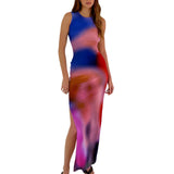 Kukombo  Women Blur Print Tank Dress Sleeveless Maxi Dress Backless Slim Fit Split Long Dress Night Party Dress Ladies Summer Wear