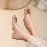 Kukombo Square Buckle Thick Heel High  Women's Grandma French  Soft  Retrosingle Shoes Patent Metal Autumn  Leather Pumps