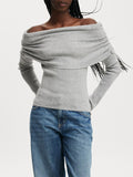 Kukombo Off The Shoulder Knit Tops for Women Y2k Strapless Ribbed Long Sleeve Going Out Top Sexy Ruched Pullover Tops