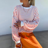 Kukombo Women Cute Sweatshirts Striped Print Crew Neck Workout Long Sleeve Pullovers Casual Fall Tops Autumn Streetwear