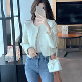 Kukombo Korean Fashion Tweed Cropped Jackets for Women 2025 Spring Round Neck Chic Coat Woman Beige Single-Breasted Jacket Female