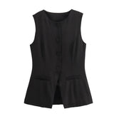 Kukombo Solid Single Breasted Vests Outwear Elegant Office Lady Sleeveless With Pocket Solid Color Loose Female Vest Cardigan New