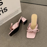 Kukombo Pink Sandal Slippers Women Shoes 2024 Summer Square Open Toe Bow Fashion Female Slipper Chunky Heel Outside Wear Slides Shoes