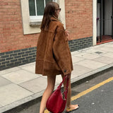 Kukombo Retro Lapel Long Sleeve Button Jacket Coat Women's Solid Fashion Loose Pockets Splice Autumn New Lady High Street Outwear