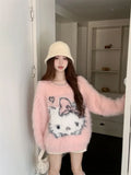 Kukombo Japanese Kawaii Cat O-neck Lazy Sweaters Women Autumn Sweet Pink Knitted Pullover Y2k E-Girl Waterproof Tops Faux Fur Vintage