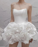 Kukombo Spliced 3D Flower White Solid Strapless Mini Dress