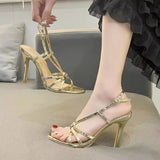 Kukombo Temperament Women Stiletto Sandals Gold Narrow Band Ankle Strap Rome Sandalias Sexy Opee Toe Thin High Heels Party Shoes Gold