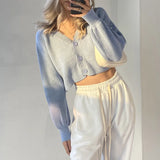 Kukombo 2023 Spring Knitted Cardigan Women White V-neck Lantern Sleeve Sweaters High Street Casual Loose Short Cardigans Coats