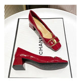 Kukombo Square Buckle Thick Heel High  Women's Grandma French  Soft  Retrosingle Shoes Patent Metal Autumn  Leather Pumps