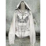 Kukombo Vintage Sweatshirts Women's Clothes White Print Tunic Hooded Y2k Coat Streetwear Fashion Casual Hoodies Tops Ropa Mujer