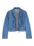 Kukombo Woman Fashion Tie Up Denim Jacket Fall Lapel Neck Open Front Jeans Top Long Sleeves Crop Denim Coat Streetwear